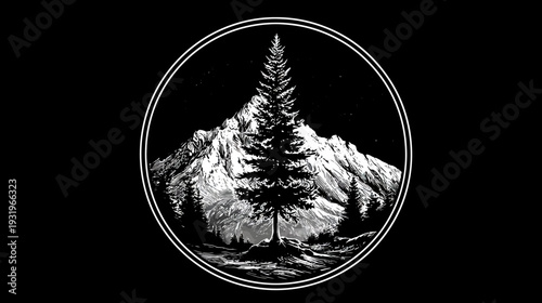 Stylized black and white illustration of mountains and evergreen trees within a circular frame, with a starry sky