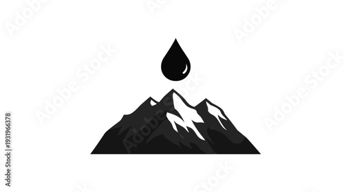 Stylized monochrome graphic featuring a mountain range and a water droplet symbol