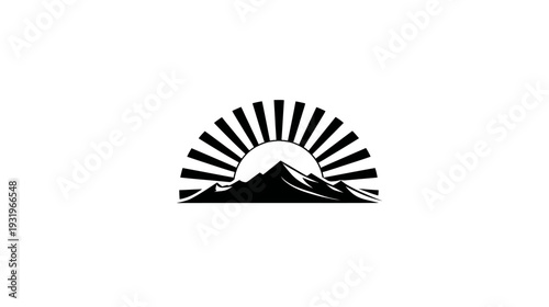 A black and white illustration of mountains and a rising sun with rays