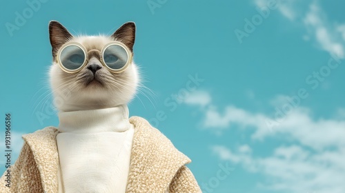 A cat wearing sunglasses and a white jacket stands in front of a blue sky