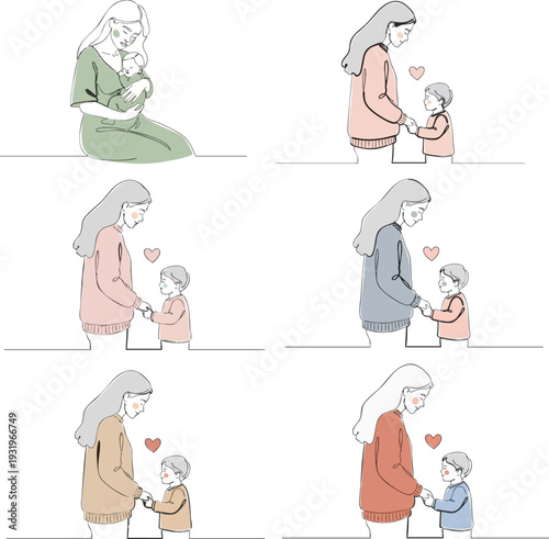 Web Mother and Baby Vector Illustration Bundle - Minimalist Mother's Day Line Art and Silhouette Collection of Mom Embracing, Nursing, Holding Hands, and Lifting Infant with Pastel Accents