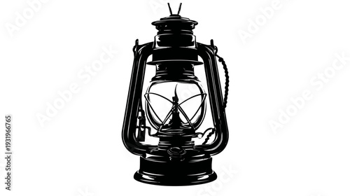 A detailed, stylized black and white illustration of a classic oil lantern on a plain white backdrop