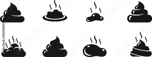 Set of Black Poop Icons and Smelly Excrement Silhouettes Featuring Various Shapes with Steam Lines for Pet Hygiene Veterinary Humor Waste and Sanitation Concepts