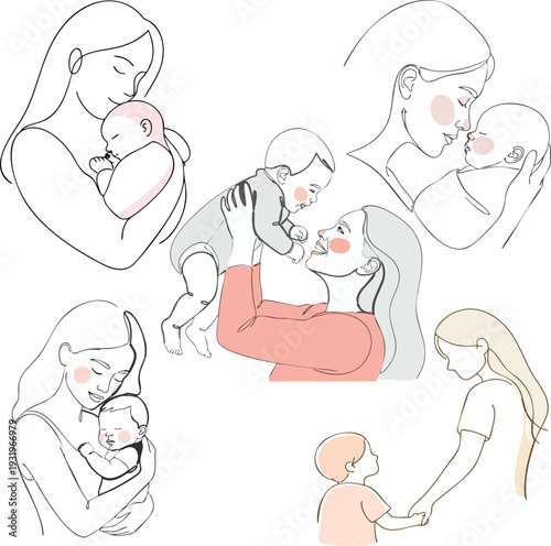 Web Minimalist Mother and Baby Line Art Vector Set - Mother's Day Illustrations of Mom Embracing, Lifting, and Holding Infant with Pastel Accents