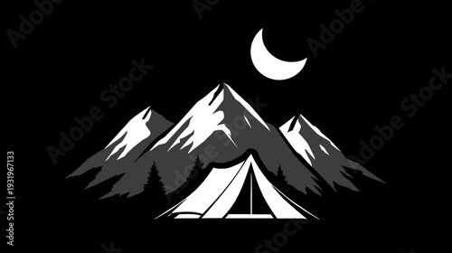 A monochrome illustration depicts a camping scene under a crescent moon, mountains and trees