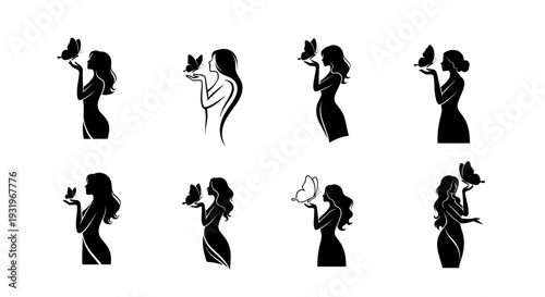 Minimal woman and butterfly silhouette logo set featuring elegant branding variations including side profile with butterfly, transformation wing concept, circular emblem badge, and modern feminine f