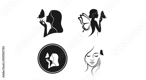 Minimal woman and butterfly silhouette logo set featuring elegant branding variations including side profile with butterfly, transformation wing concept, circular emblem badge, and modern feminine f