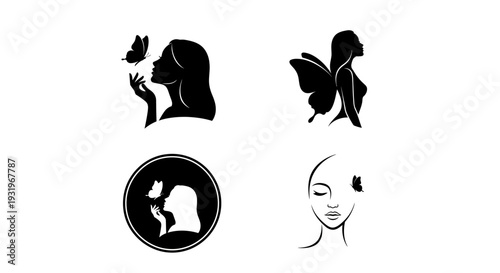 Minimal woman and butterfly silhouette logo set featuring elegant branding variations including side profile with butterfly, transformation wing concept, circular emblem badge, and modern feminine f