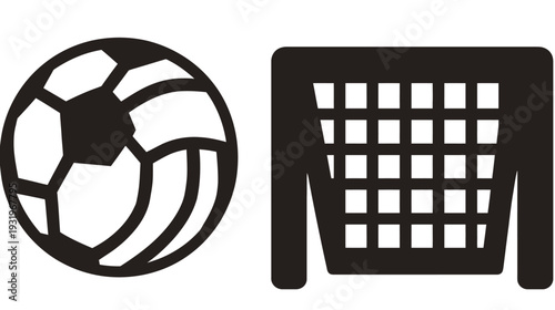 Black and white graphic depicts a soccer ball next to a soccer goal, all on a white background