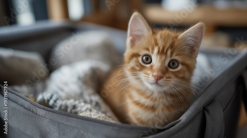 Kitten being introduced to a travel carrier for the first time with treats and familiar blanket inside, perfect for pet travel training concept, carrier introduction, kitten transport preparation,