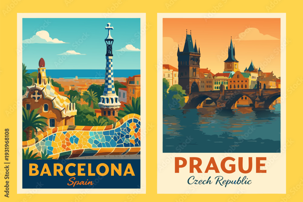 Photography Poster Vibrant travel posters of Barcelona and Prague