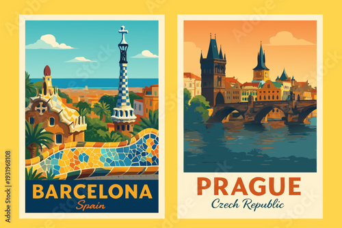 Vibrant travel posters of Barcelona and Prague cities abroad