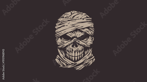 Stylized illustration of a skull head wrapped in bandages, on a dark brown background