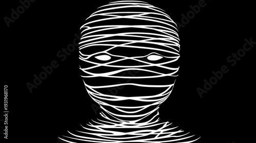 A stark, minimalist illustration of a head, fully wrapped in bandages, with glowing eyes