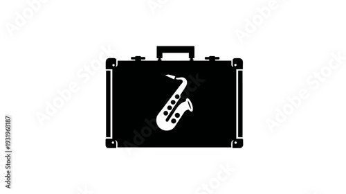 A black case with a handle and white saxophone graphic on it