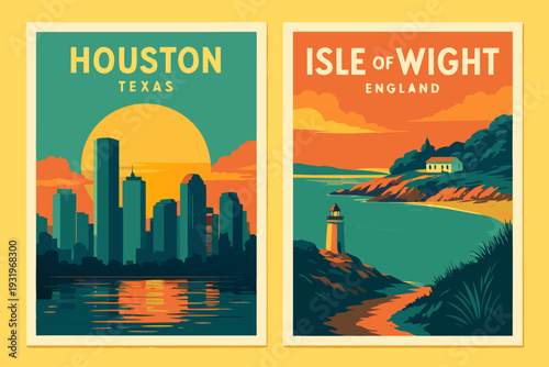 Vibrant travel posters of Houston and Isle of Wight at sunset