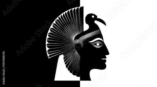B&W graphic, profile of a face with bird headdress, divided on the vertical axis