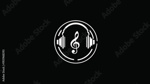A white music icon featuring headphones encircling a treble clef on a black background