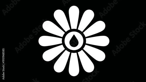 Stylized floral graphic. A white daisy-like bloom with a droplet in the center on a black backdrop