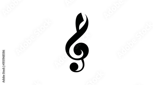 A black, stylized treble clef symbol, elegantly curved, against a stark white background