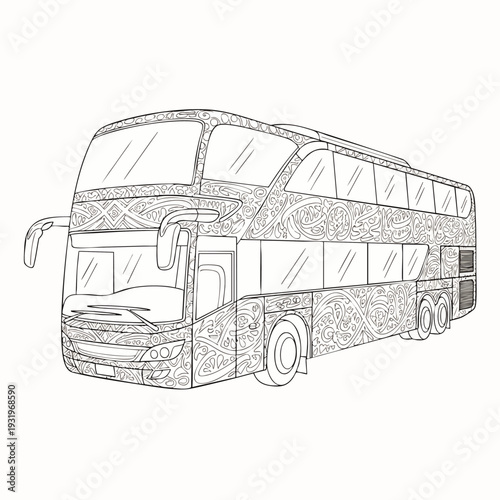 Detailed line art illustration of a modern double-decker bus, perfect for adult coloring books, featuring intricate patterns for creative relaxation and travel themes.