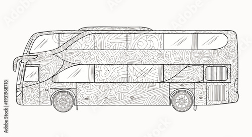 Intricate double-decker bus line art illustration for adult coloring books, featuring detailed patterns and a meditative design for creative relaxation.