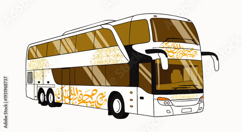 Luxury double-decker coach bus illustration featuring elegant gold Arabic calligraphy on a clean white background, ideal for travel and tourism.