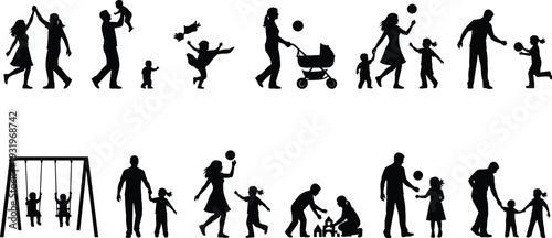 Silhouettes of parents and children playing, walking, swinging, building sandcastles, and pushing stroller symbolizing family care, bonding, and childhood development illustration