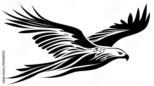 A black and white stylized illustration of an eagle in flight with wings spread