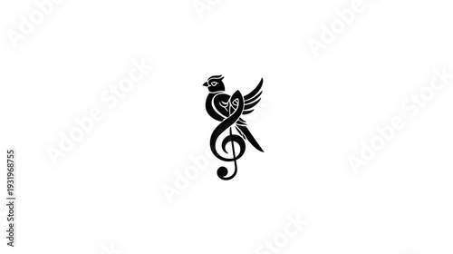 A monochrome illustration of a bird perched on a treble clef, blending music and avian imagery