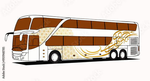 Elegant white and brown double-decker luxury coach bus vector illustration with golden decorative patterns, perfect for travel, tourism, and transportation concepts.
