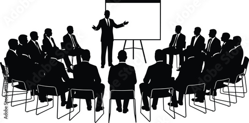 Silhouettes of business professionals seated in meeting with leader presenting at board symbolizing teamwork, leadership, communication, collaboration, and corporate training illustration