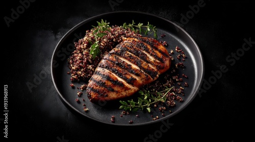 A perfectly grilled lean chicken breast marinated in herbs served with a side of hearty red grain and sprinkled herbs on a dark plate