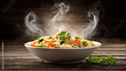 A steaming bowl of hearty vegetable and pasta soup served on a rustic wooden table, showcasing a warm and inviting meal.