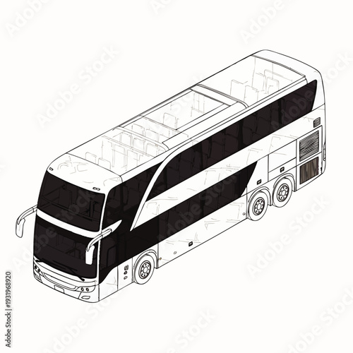 Isometric line art illustration of a modern double-decker coach bus, ideal for concepts related to public transport, long-distance travel, tourism, and urban mobility.