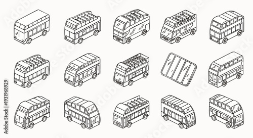 Isometric line art collection of various double-decker buses, featuring detailed outlines of public transport vehicles for urban cityscapes and travel concepts.