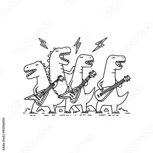Three cartoon dinosaurs playing electric guitars with lightning bolts rock music concept