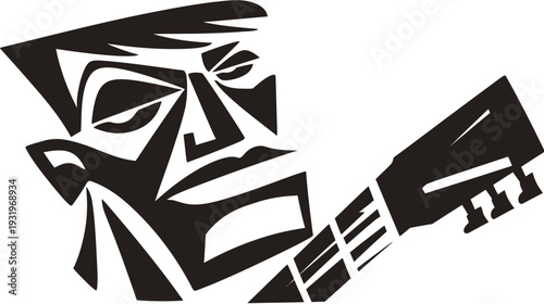 Abstract black and white illustration of a man playing a stringed instrument