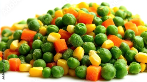 A vibrant mixture of fresh peas, corn kernels, and diced carrots in a healthy food collection