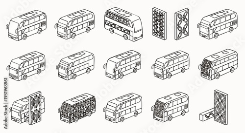 Isometric line art vector illustration set featuring various public transport buses, including double-decker and coach vehicles, ideal for design projects and infographics.
