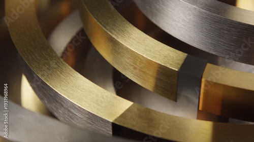 Close-up abstract view of interlocking metallic curves with brushed gold and silver textures