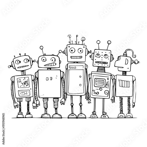 Group of five cartoon robots with different facial expressions standing together in a line black and white illustration simple background