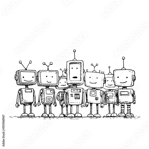Group of cartoon robots standing together with different facial expressions and antennae on white background simple line art style