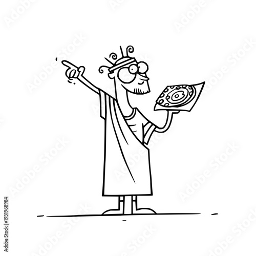 Man dressed as ancient greek or roman philosopher holding pizza slice and pointing cartoon illustration with simple black lines on white background