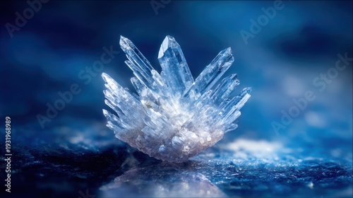 Closeup macro view of a clear crystal formation with sharp facets and intricate structure on a blue reflective surface