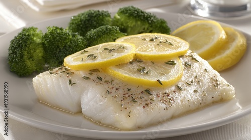 Delicious Baked Cod with Fresh Herbs and Lemon Slices served alongside Vibrant Broccoli Florets