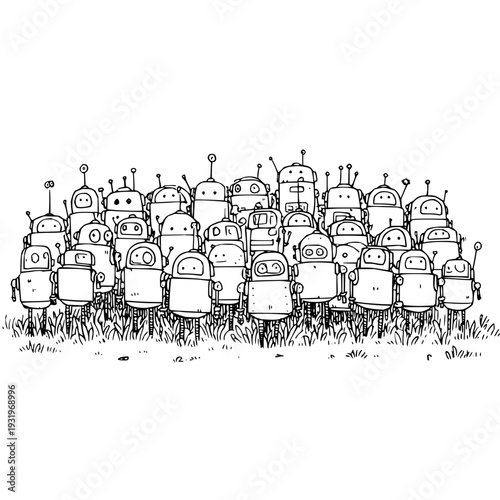 Group of robots standing together in a grassy field black and white illustration various designs and antennas friendly and cartoonish style