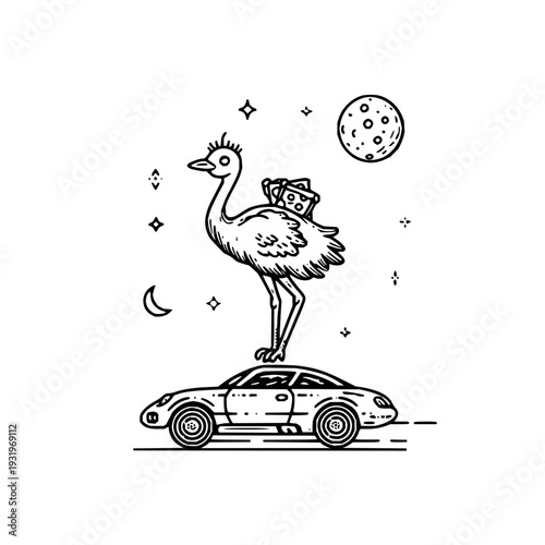 Whimsical ostrich with backpack standing on car under moonlight surrounded by stars in black and white illustration