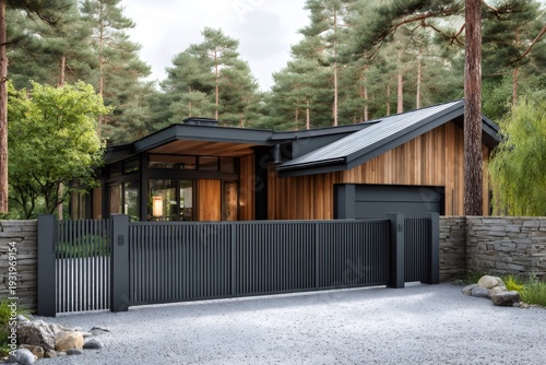 Wallpaper Mural Modern house entrance with black metal gate in forest Torontodigital.ca