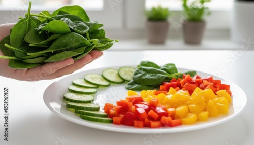 Fresh spinach leaves being added to a prepared plate with sliced cucumber and diced colorful bell peppers